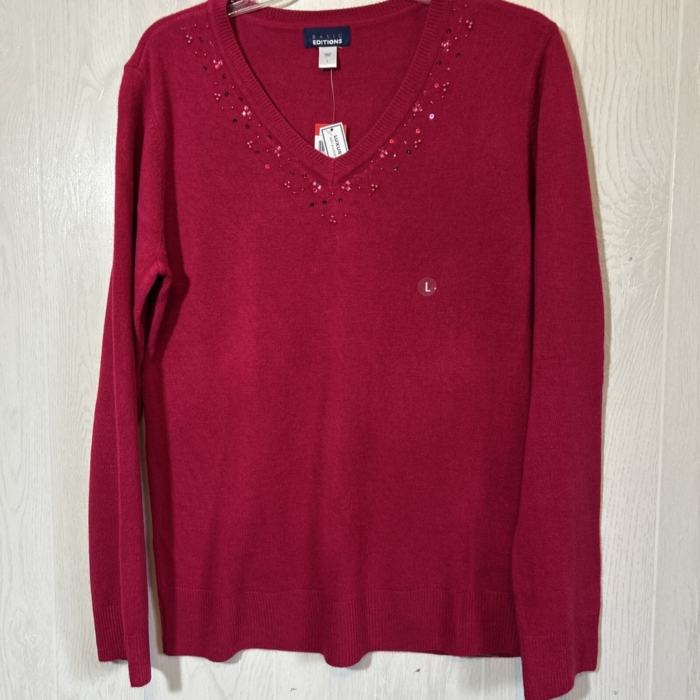 basic Edition Vintage V Neck Dark‎ Pink Sweater Pullover